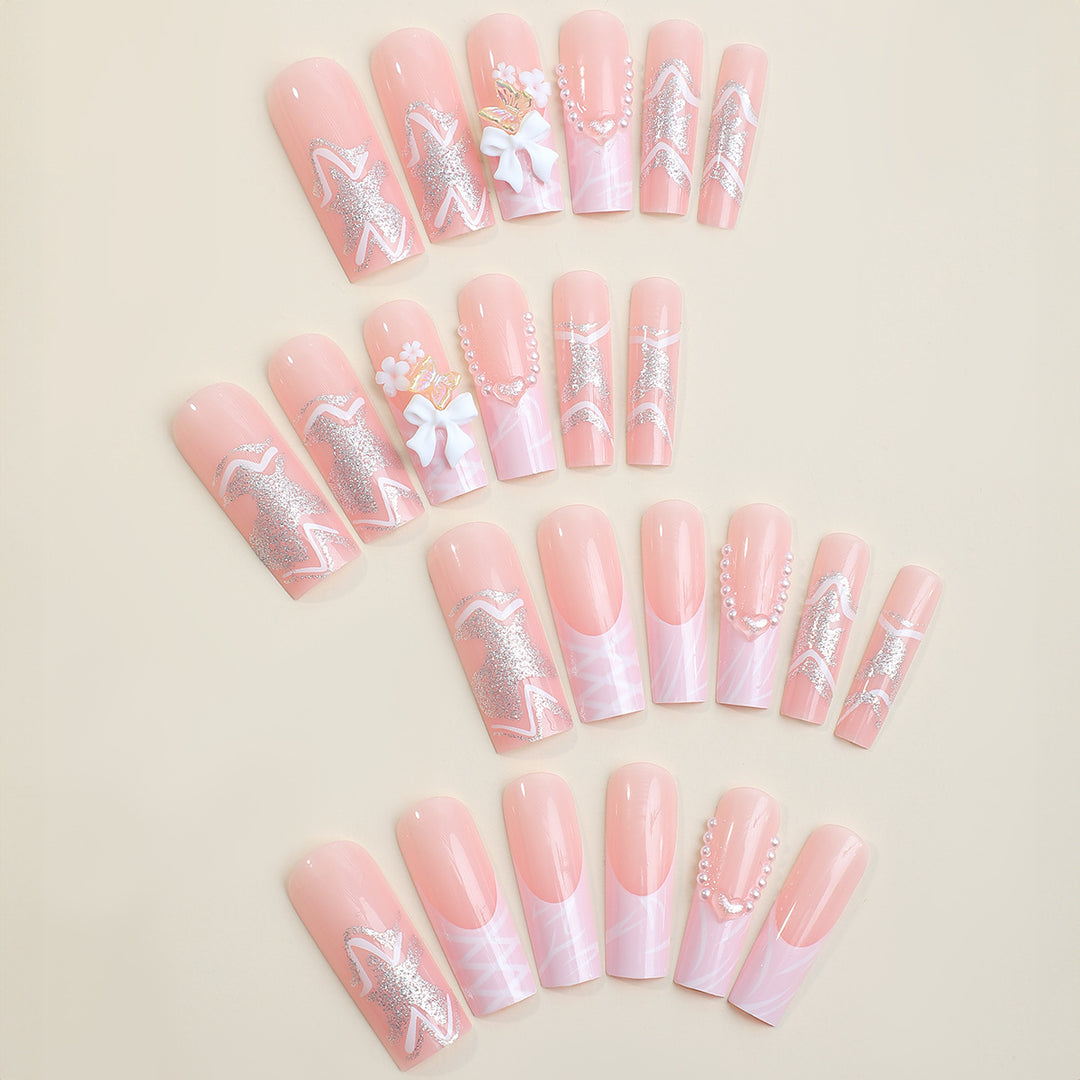 Elegant Decorative Press-On Nail Set with Floral and Pearl Accents Bowlift