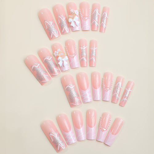 Elegant Decorative Press-On Nail Set with Floral and Pearl Accents Bowlift
