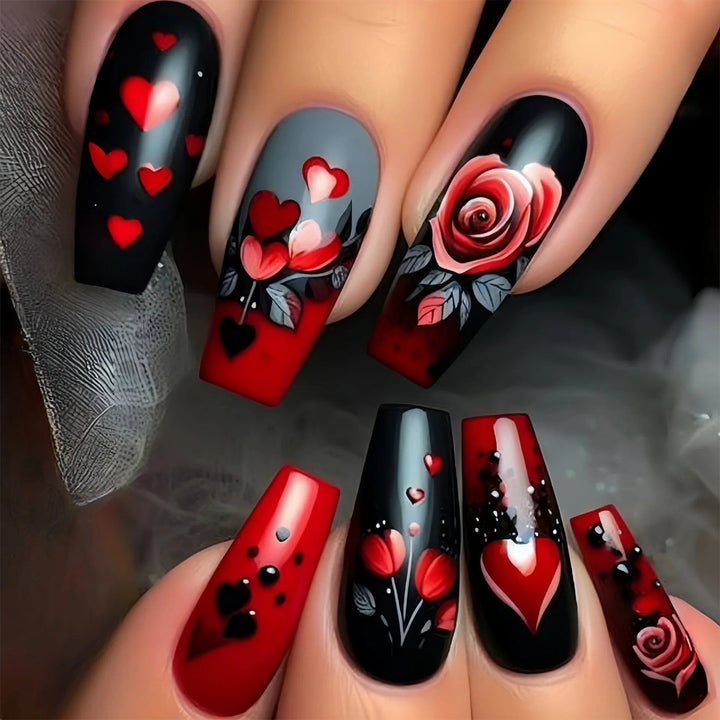 Elegant 3D Floral and Heart Acrylic Nail Art Extensions Bowlift