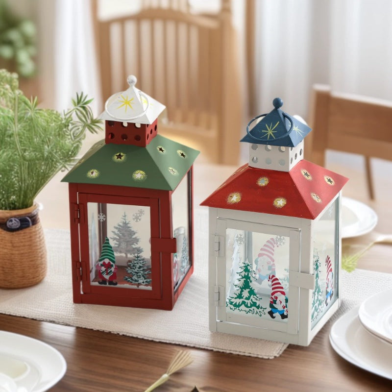 Decorative Holiday Gnome Lantern with Star-Cut Roof and Glass Panel Candle Holder Bowlift