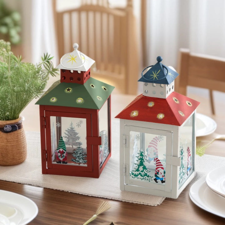 Decorative Holiday Gnome Lantern with Star-Cut Roof and Glass Panel Candle Holder Bowlift