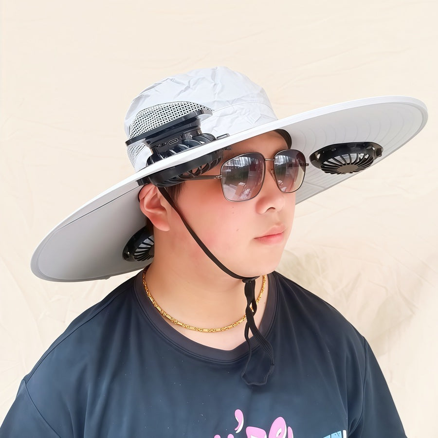 Wide-brimmed sun hat with detachable swivel solar fans and adjustable chin strap Bowlift