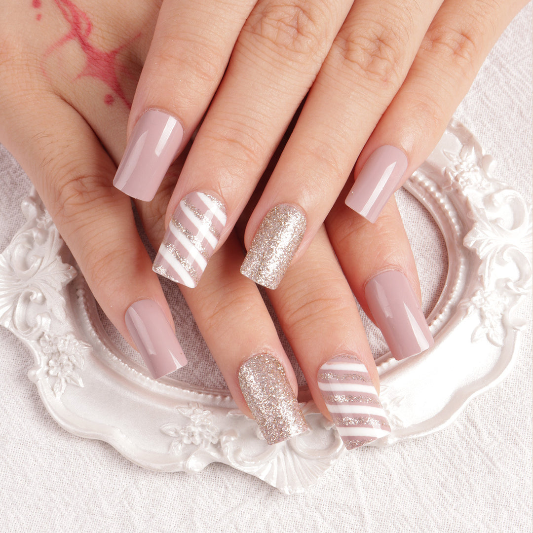 Glamorous Glitter and Striped Press-On Nail Art Bowlift