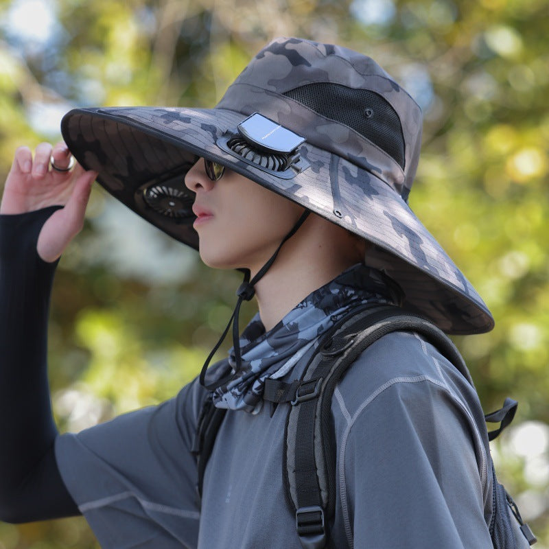 Wide-brimmed outdoor sun hat with solar-powered micro fan, breathable mesh and adjustable chin strap Bowlift