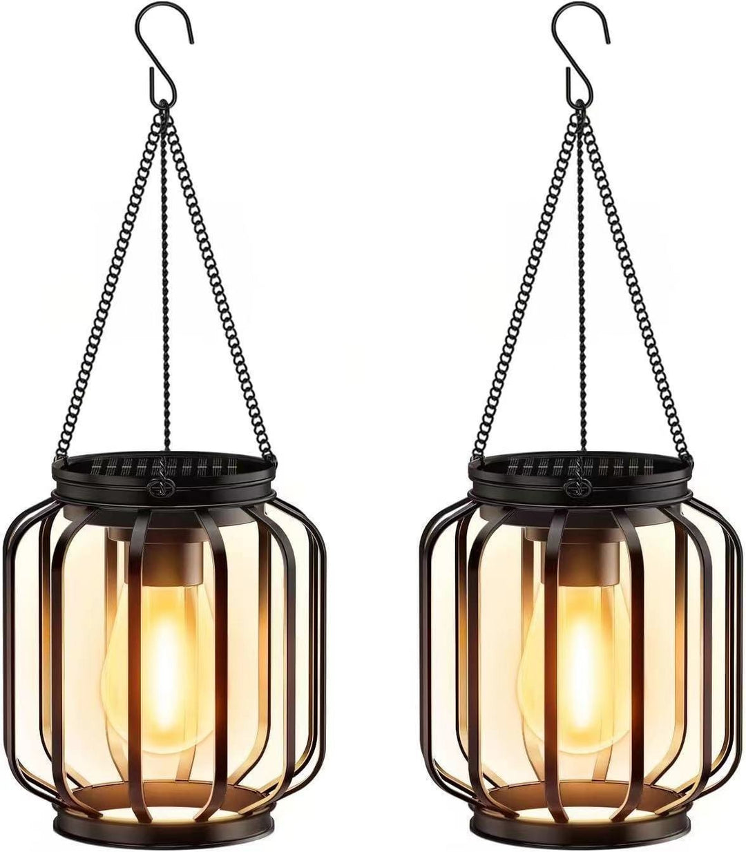 Solar Hanging Outdoor Lanterns With Vintage-Style LED Filament Bulb And Metal Cage Waterproof Suspension Bowlift