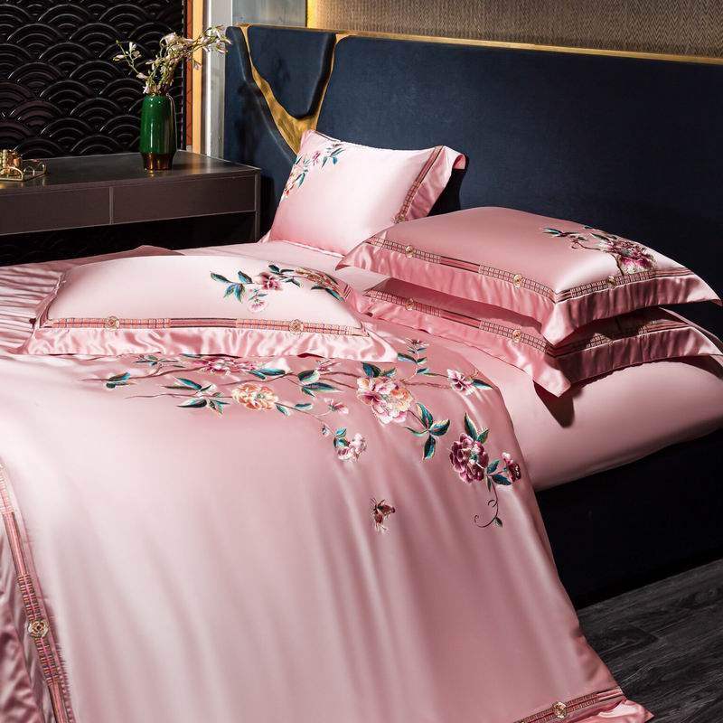 Embroidered Satin Floral Duvet Cover Bedding Set with Ruffled Satin Border