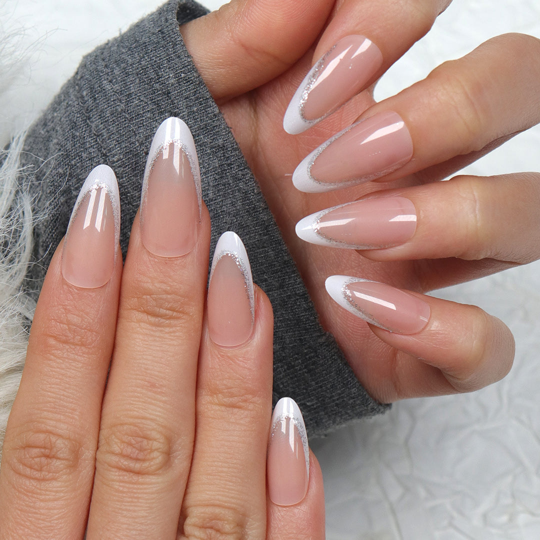 Elegant Stiletto Press-On Nails with Silver Glitter Accents Bowlift