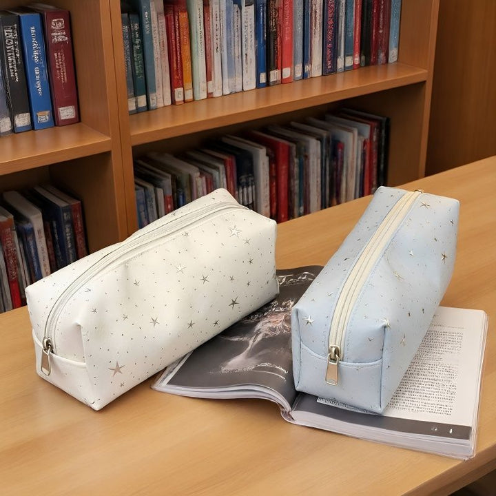 Star-Print Faux Leather Rectangular Pencil Case and Makeup Pouch Bowlift