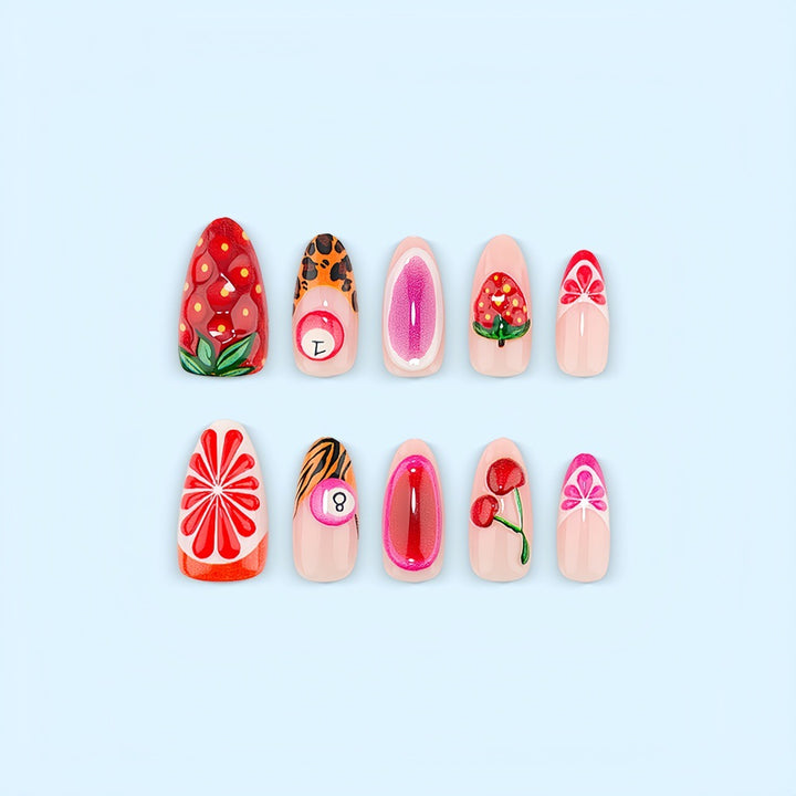 Artificial nails with fruity motifs andGloss finish Bowlift
