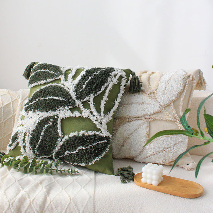 Square cushion cover with relief leaf tufting and chenille application Bowlift