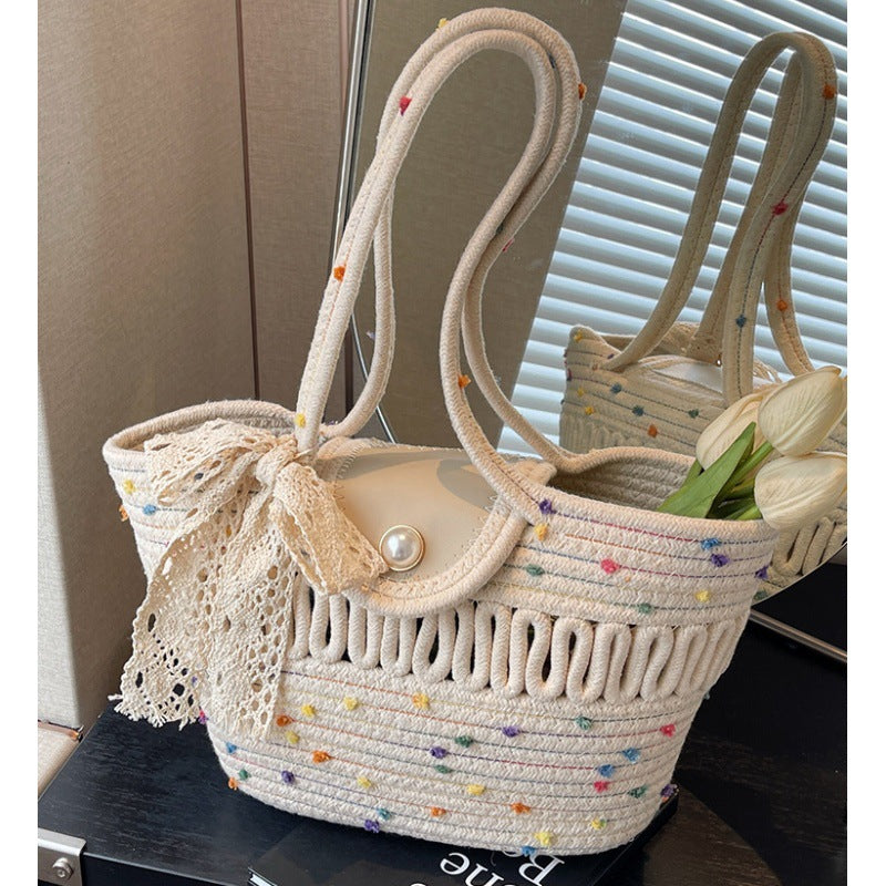 Women's Fashion Handbag with Colorful Cotton Weave Bowlift