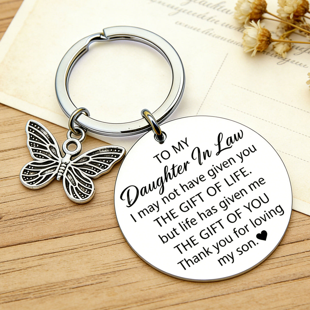 Engraved Round Sentimental Daughter-in-Law Keychain with Butterfly Charm Bowlift