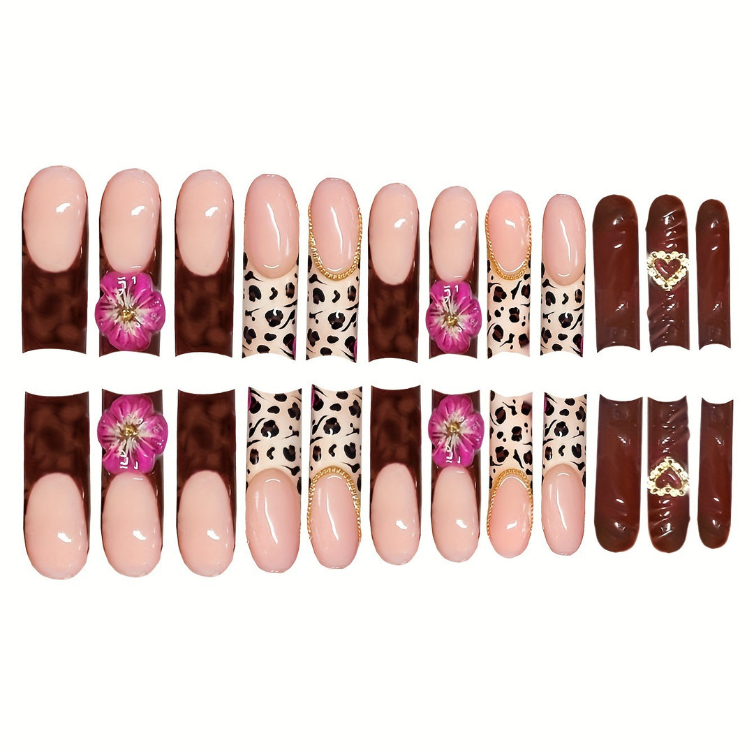 Decorative Long Acrylic Press-On Nail Art with Floral and Leopard Designs Bowlift