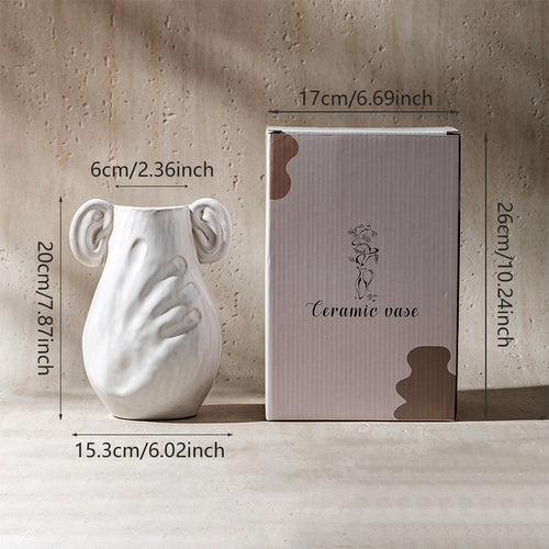Handmade Ceramic Embrace Vase with Sculpted Hand Relief & Ear Loop Handles