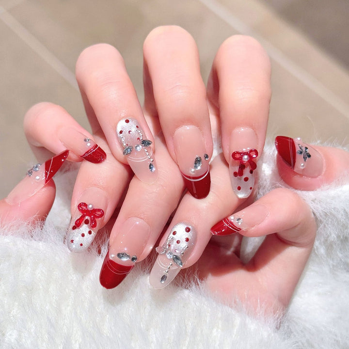 Artistic Press-On Nail Extensions with Gem Accents Bowlift