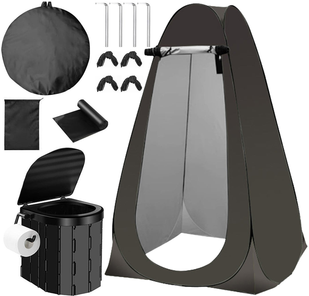 Portable pop-up privacy tent and collapsible camping toilet kit with full accessory set Bowlift