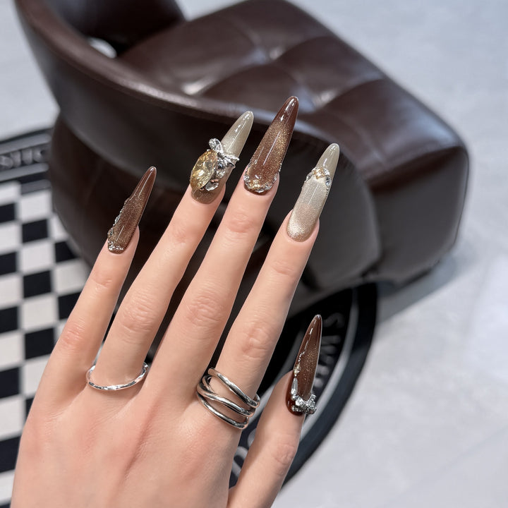 Artistic Stiletto Press-On Nail Set with Gemstone Accents Bowlift