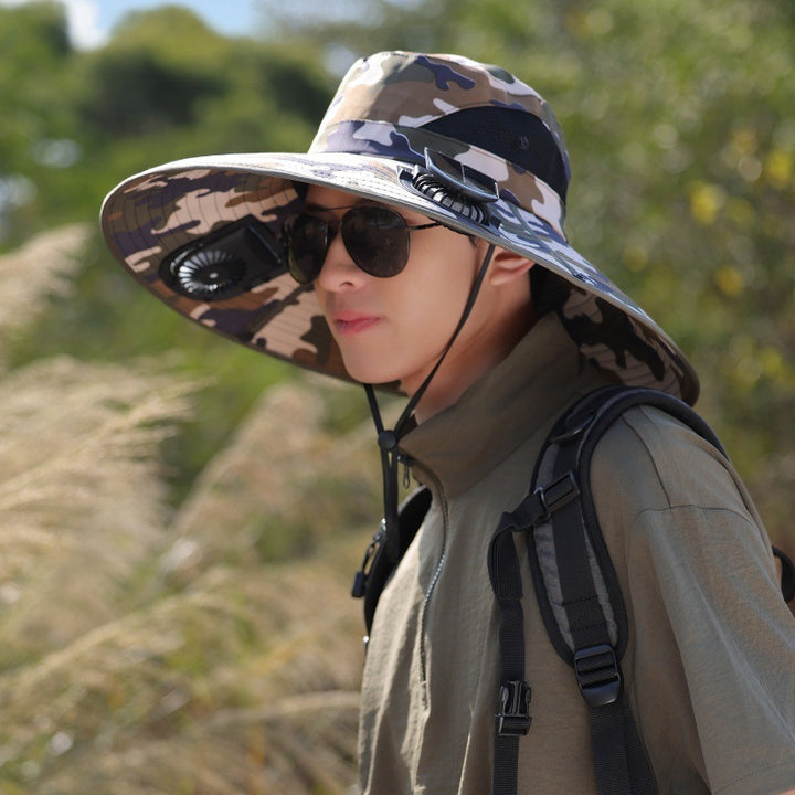 Wide-brimmed outdoor sun hat with solar-powered micro fan, breathable mesh and adjustable chin strap Bowlift