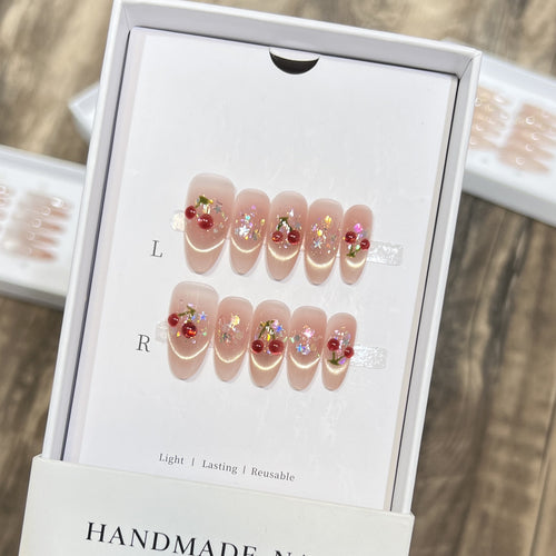 Handmade Cherry-Embossed Press-On Nail Set Bowlift