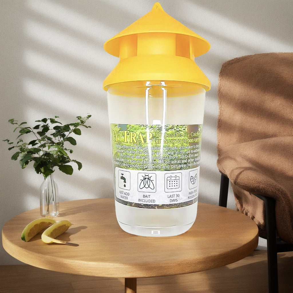 Reusable outdoor insect fly trap with non-toxic bait reservoir and Hanging canopy Bowlift