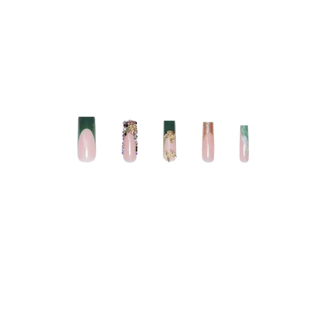 Artistic Press-On Nail Art with Gemstone and Butterfly Accents Bowlift