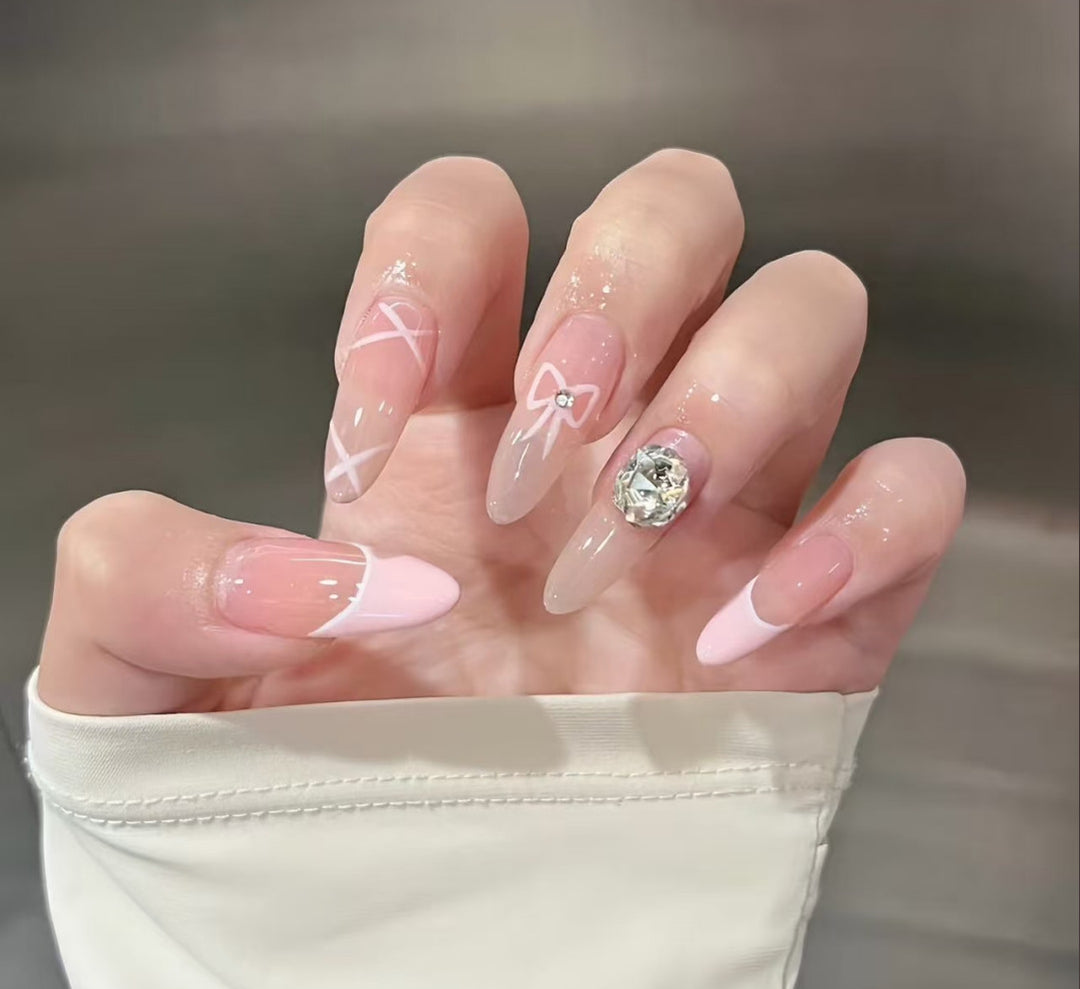 Premium Long Almond-Shaped Press-On Nail Set with Floral and Crystal Accents Bowlift