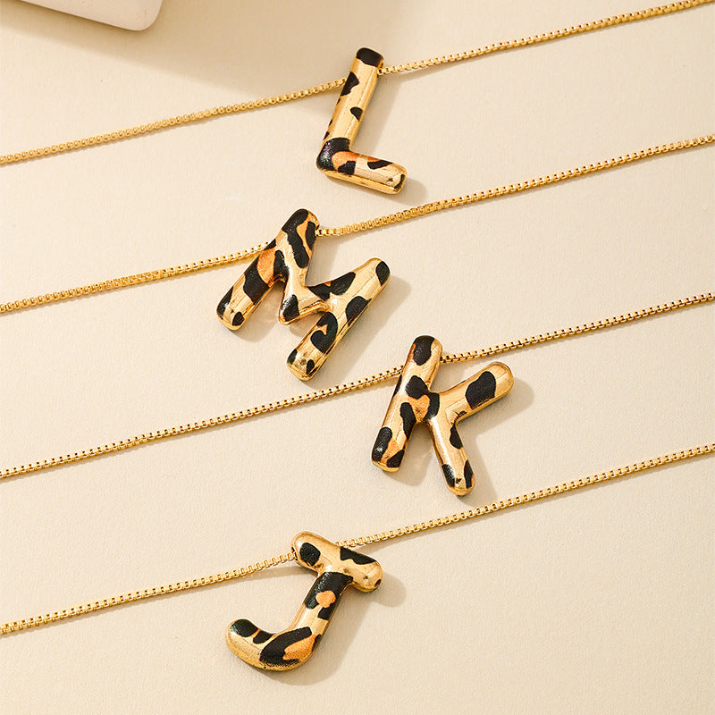 Custom Initial Pendant Necklace with Gold Chain and Leopard Resin Letter Charm Bowlift