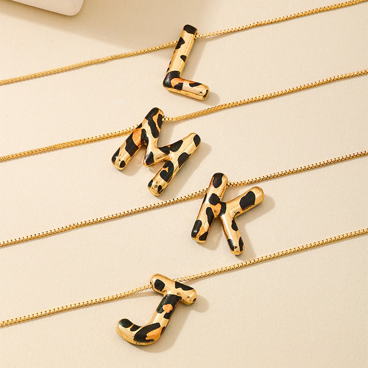 Custom Initial Pendant Necklace with Gold Chain and Leopard Resin Letter Charm Bowlift