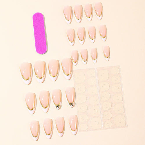 Elegant French Tip Nail Extensions with Gold Accents Bowlift