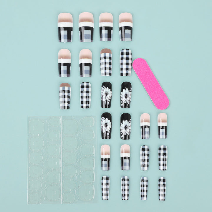 Creative artificial nails with stylish checkered patterns and floral design Bowlift