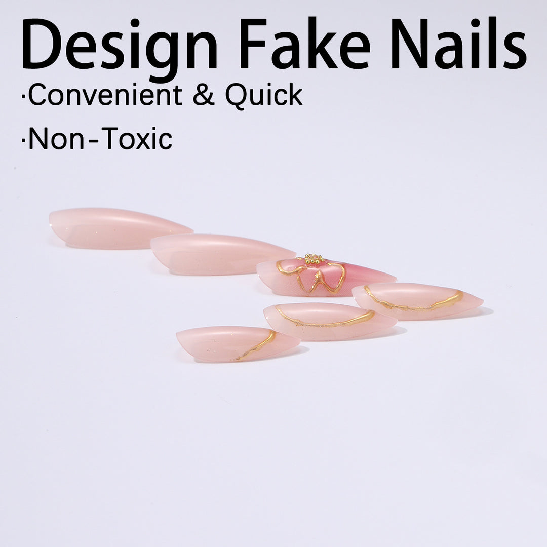 Acrylic nail set with elegant flower and gold decorations Bowlift