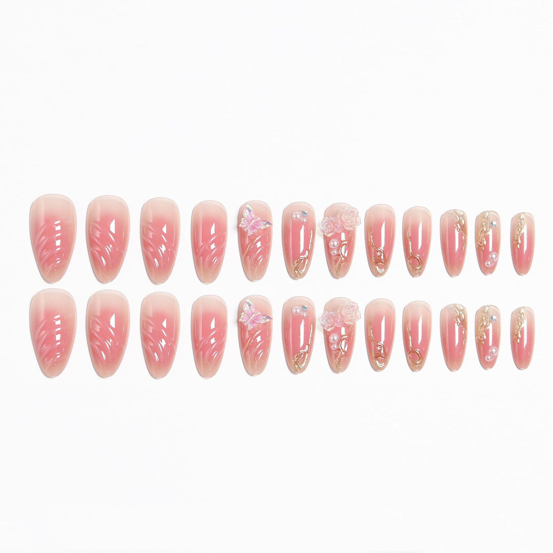 Artificial nails with delicate rose design and glitter accents Bowlift