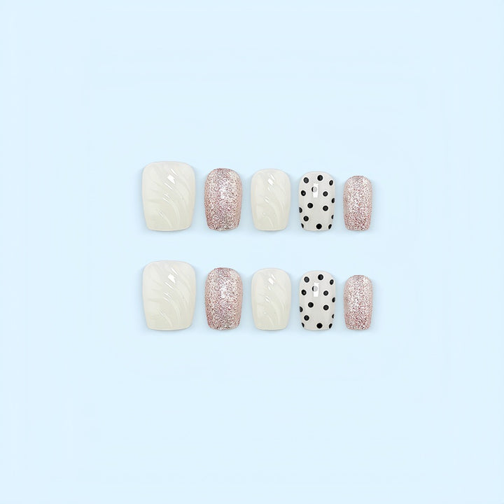 Artificial nail set with elegant glitter and dot design Bowlift