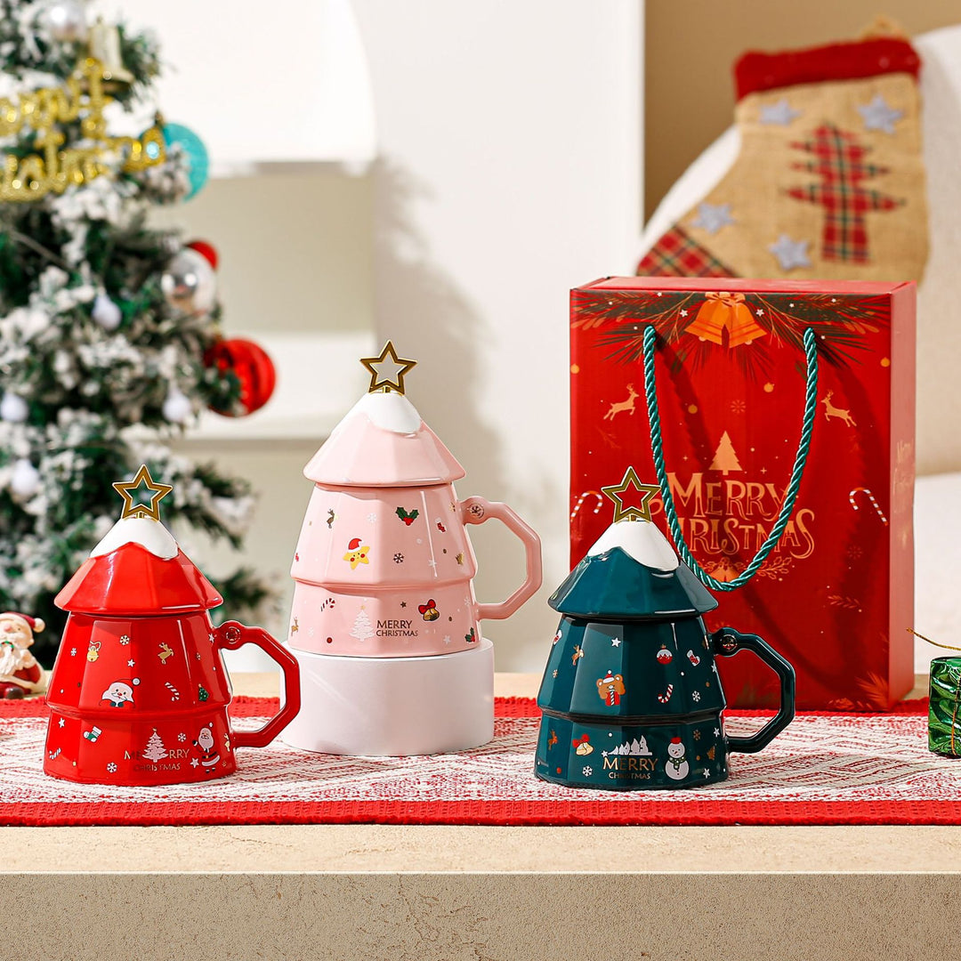 Creative Ceramic Christmas Tree Lid Spoon Mug