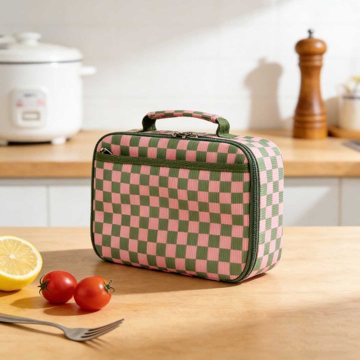Insulated Checkerboard Lunch Tote with Top Handle and Front Zip Pocket Bowlift