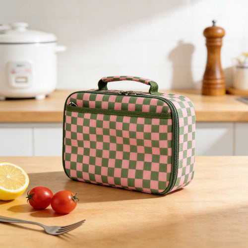 Insulated Checkerboard Lunch Tote with Top Handle and Front Zip Pocket Bowlift
