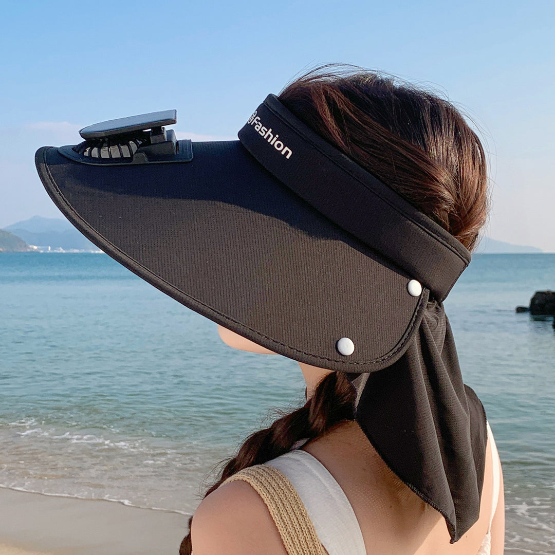 Visor with removable solar clip fan and UV protection neck strap Bowlift