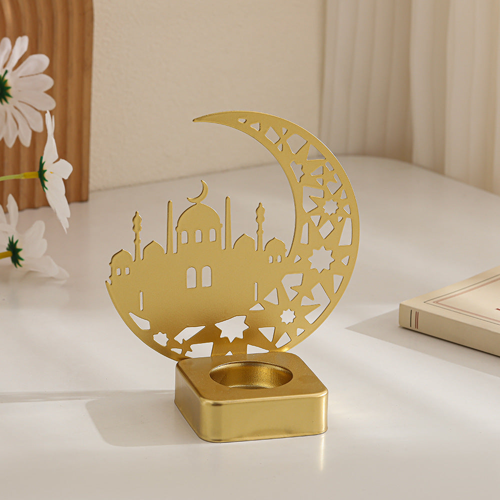 Crescent Silhouette Mosque Tea Light Lantern with Filigree Metal Base Bowlift