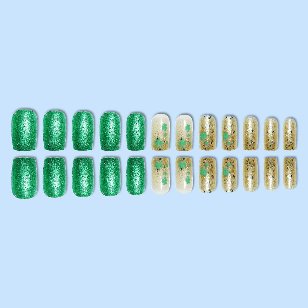 Festive Decorative Press-On Nails with Shamrock Design Bowlift