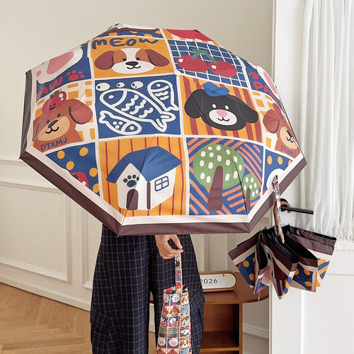 Ladies Foldable Umbrella with Playful Animal Designs Bowlift