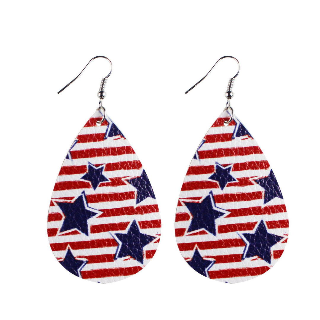 Women's star stripe print faux leather drop earrings with fishhook Bowlift