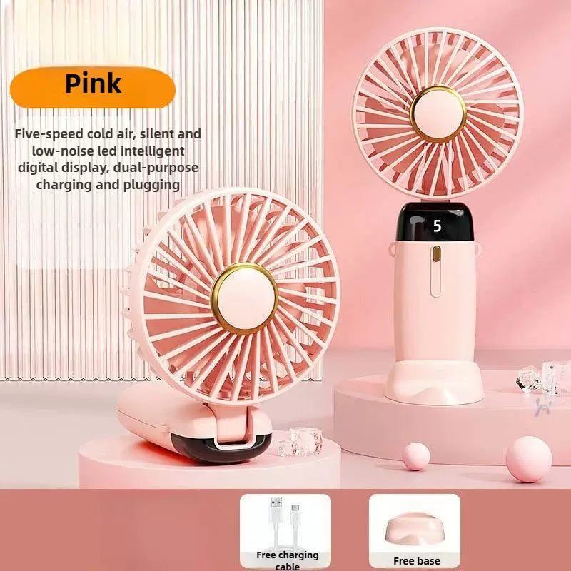 Unisex one size foldable rechargeable handheld fan with multiple speed LED display removable charging base Bowlift