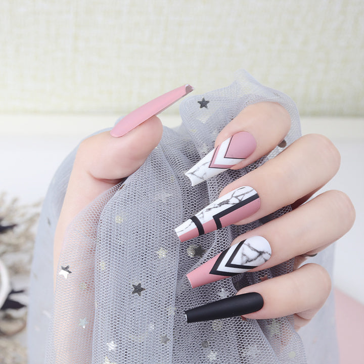 Artistic Long Stiletto Press-On Nails Set with Geometric Patterns Bowlift