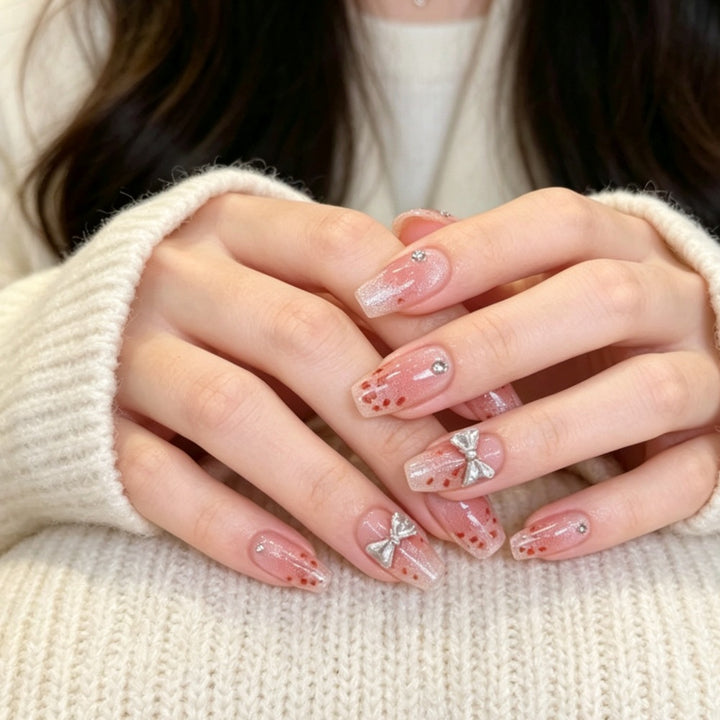 Elegant Press-On Nail Art Set with Rhinestone Accents Bowlift