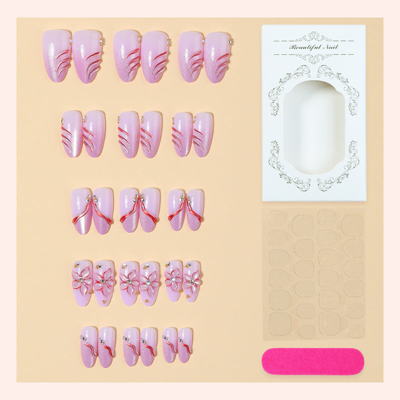 Decorative Press-On Nail Set with Floral and Gem Accents Bowlift 1788495783