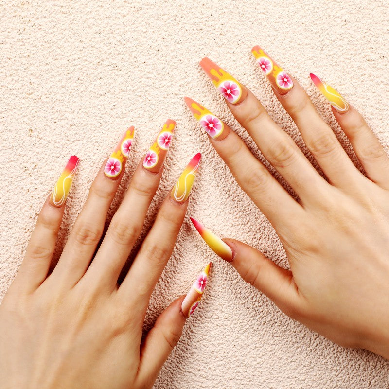 Artificial Nails Set with Tropical Hibiscus Pattern Bowlift