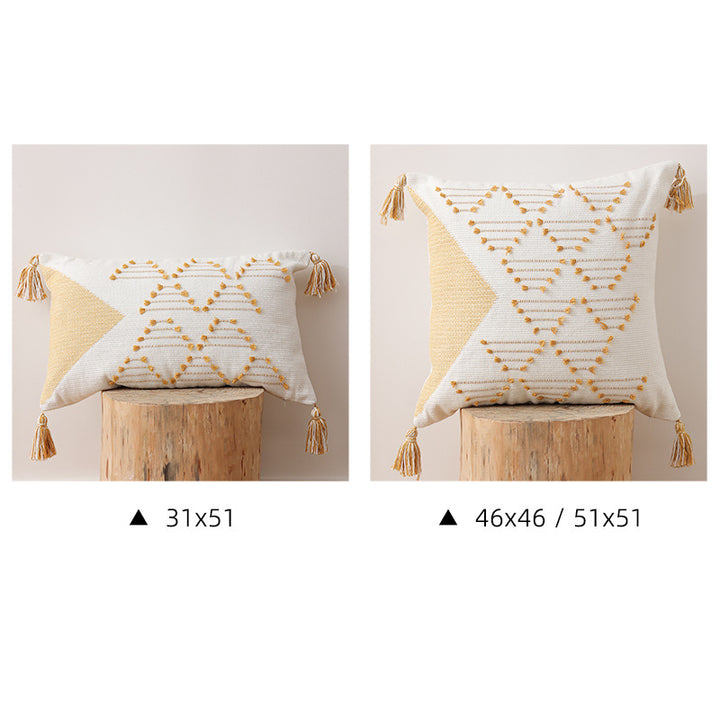 Woven decorative cushion cover with geometric tuft pattern, tassels and concealed zipper