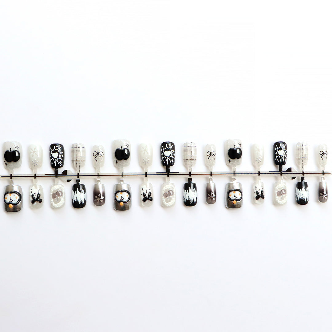 Artistic Black and White Press-On Nail Art Bowlift