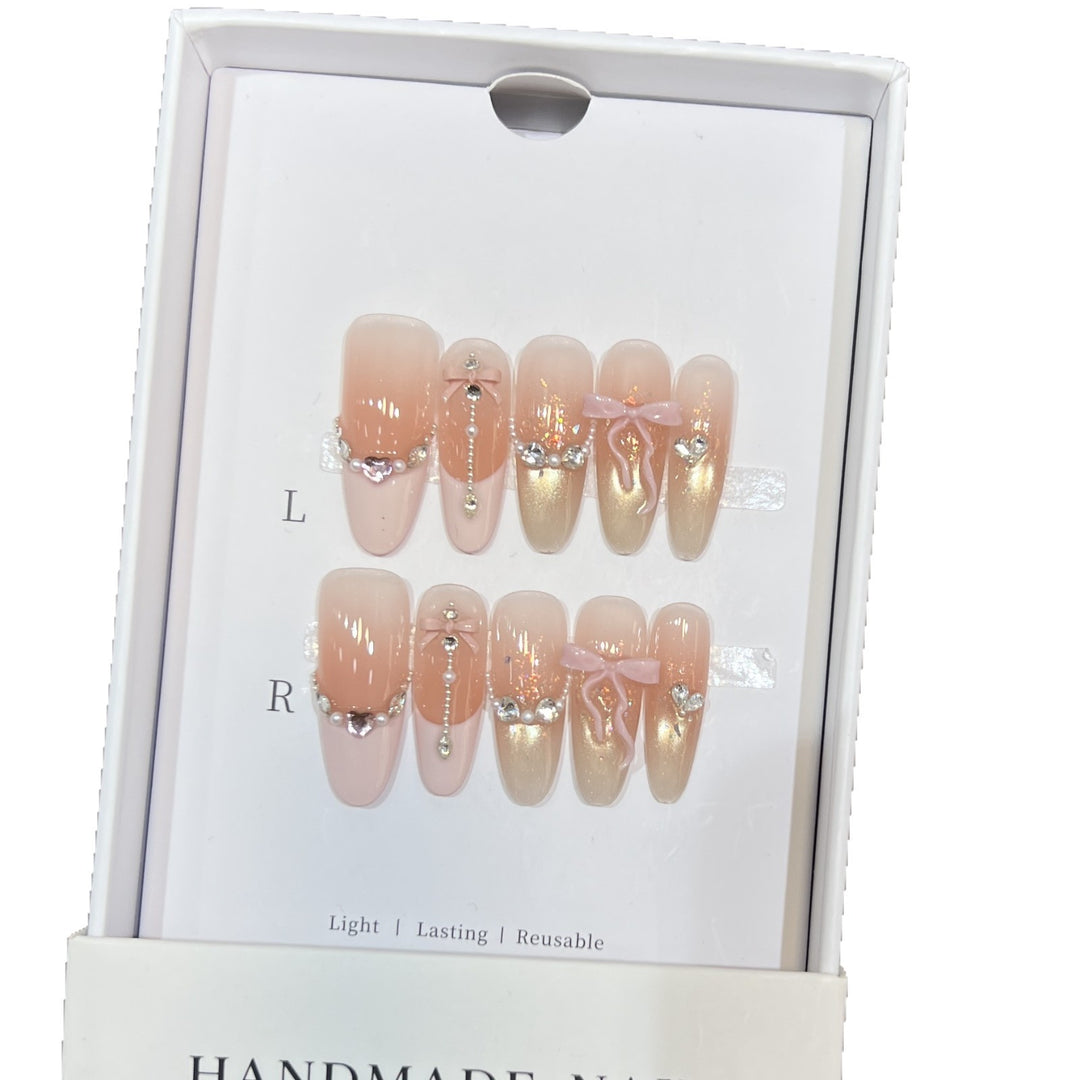 Decorative Stiletto Press-On Nail Art Set with Elegant Ribbons and Gems Bowlift