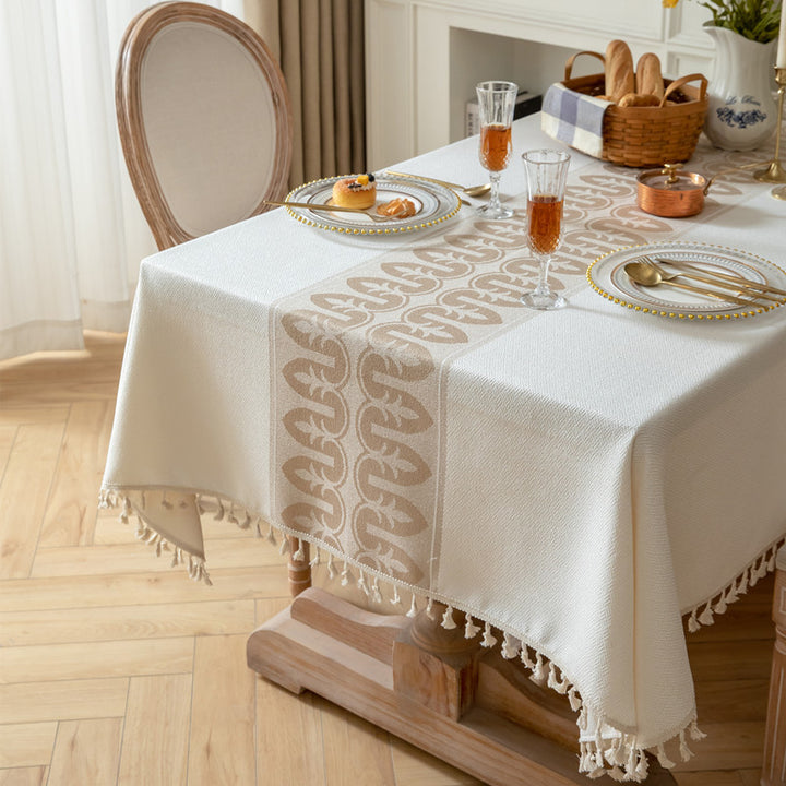 Textured Woven Tablecloth with Decorative Fringe